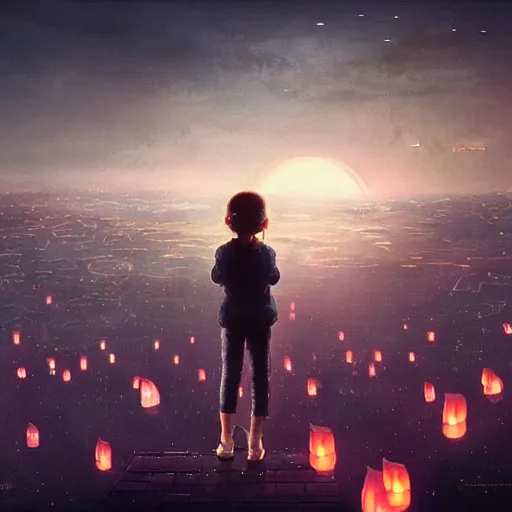 Image similar to a little girl watching hundreds of chinese sky lanterns in the night sky over a sci-fi city, by Greg Rutkowski