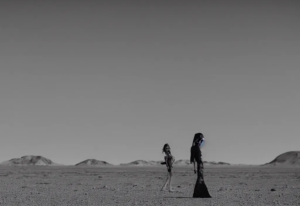 Prompt: fashion editorial in nuclear explosion on Nevada desert. wide angle shot. highly detailed. depth of field. high definition. 8k. photography.