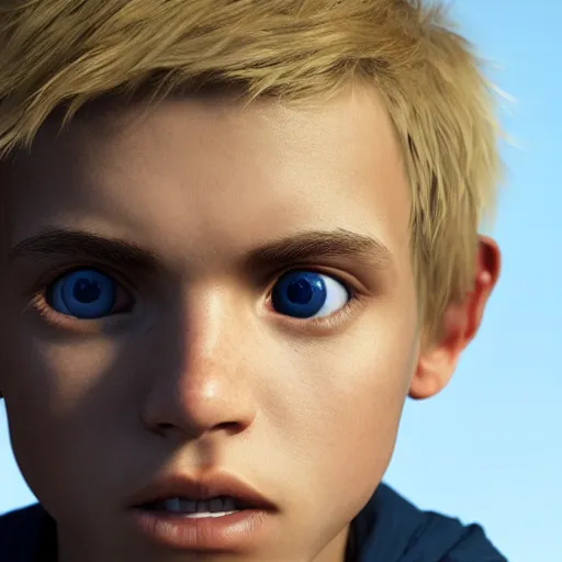 Image similar to detailed face of boy with blonde hair and brown eyes, unreal engine 5 rendered, incredibly highly detailed and realistic, 8 k, sharp focus, studio quality