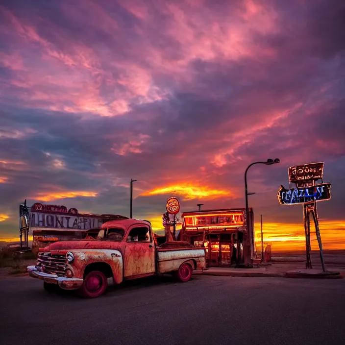 Image similar to a sunset light landscape with historical route 6 6, lots of sparkling details and sun ray ’ s, blinding backlight, smoke, volumetric lighting, colorful, octane, 3 5 mm, abandoned gas station, old rusty pickup - truck, beautiful epic colored reflections, very colorful heavenly, softlight