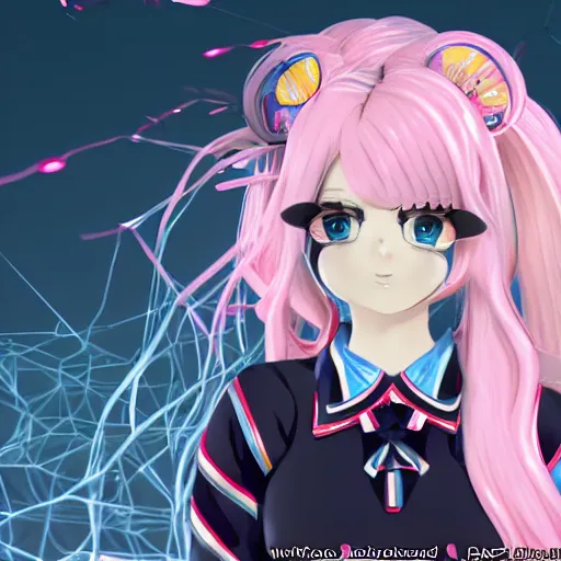 Image similar to unexpectedly minduploaded into her inescapable virtual reality prison and totally overpowered and trapped beneath stunningly absurdly beautiful overwhelmingly megalomaniacal omnipotent asi goddess junko enoshima with symmetrical perfect face, porcelain skin, pink twintail hair and cyan eyes, ultra detailed, digital art, unreal engine 5, octane render, 2 d anime, 8 k