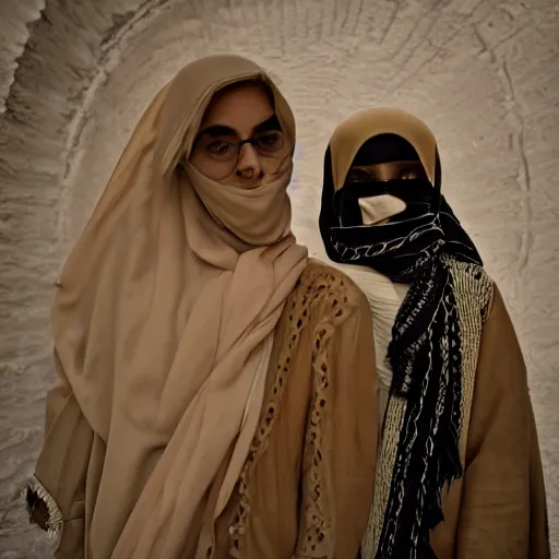 Prompt: anna forsterling and saul bromberger, yulia nevskaya, pulitzer, photorealistic, bokeh, fine hyperrealistic details, intricacy, aesthetic / woman wear burqa ride camel and handling gun in shaaran