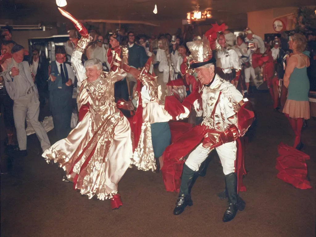 Image similar to a couple of grandparents of 1 0 0 years old wearing knight iron costume and dancing, kodachrome, backlight, add a glow around subj. edge, in twin peaks, 1 9 9 0 s