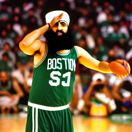 Image similar to facial portrait of osama bin laden shooting free throws, boston celtics jersey, wearing a headband, sweating, focused