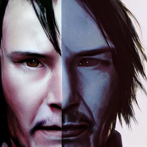 Image similar to Fusion of Dante from Devil May Cry and Keanu Reeves, film still, photorealistic