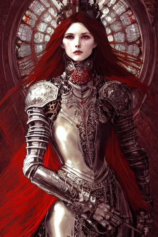 Image similar to beautiful luxury and elite and victorian and holy medieval female red and white color armor knight portrait+smoky eyes+light flowing hair, in ruin gothic cathedral, ultradetail face, art and illustration by tian zi and craig mullins and WLOP and alphonse mucha, fantasy, intricate complexity, human structure, fantasy world concept, watermark, blurry, hyperrealism 8k