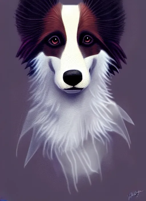 Prompt: full body digital painting of a cute male anthropomorphic border collie fursona wearing a mesh shirt, furaffinity, intricate, elegant, beautiful, fantasy, highly detailed, trending on artstation, art by charlie bowater and henry asencio and and ross tran