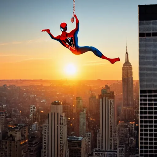 Prompt: spider - man swinging through new york buildings, sunset at golden hour, 4 k.