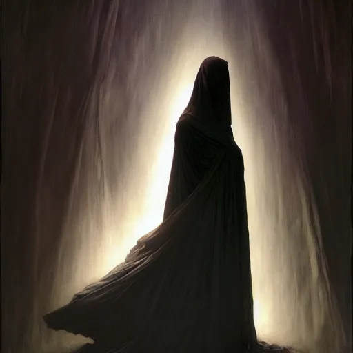 Image similar to awe-inspiring award-winning concept art painting of attractive figure in black shrouds called the ghost of the moonbow queen, rainbow, by Michael Whelan, William Adolphe Bouguereau, John Williams Waterhouse, and Donato Giancola, cyberpunk, extremely moody lighting, glowing light and shadow, atmospheric, shadowy, cinematic, 8K