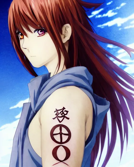 Image similar to Anime as Danila-the-Demonslayer girl cute-fine-face, brown-red-hair pretty face, realistic shaded Perfect face, fine details. Anime. runes-tattoo tattoo-hands, mage blue smoke, hooded outfit realistic shaded lighting by Ilya Kuvshinov katsuhiro otomo ghost-in-the-shell, magali villeneuve, artgerm, rutkowski, WLOP Jeremy Lipkin and Giuseppe Dangelico Pino and Michael Garmash and Rob Rey