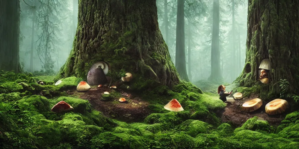 Image similar to Photo by Filip Hodas of the cinematic view of the Forest of the Giants, a troll is eating a giant mushroom, photorealism, photo taken with canon 5D