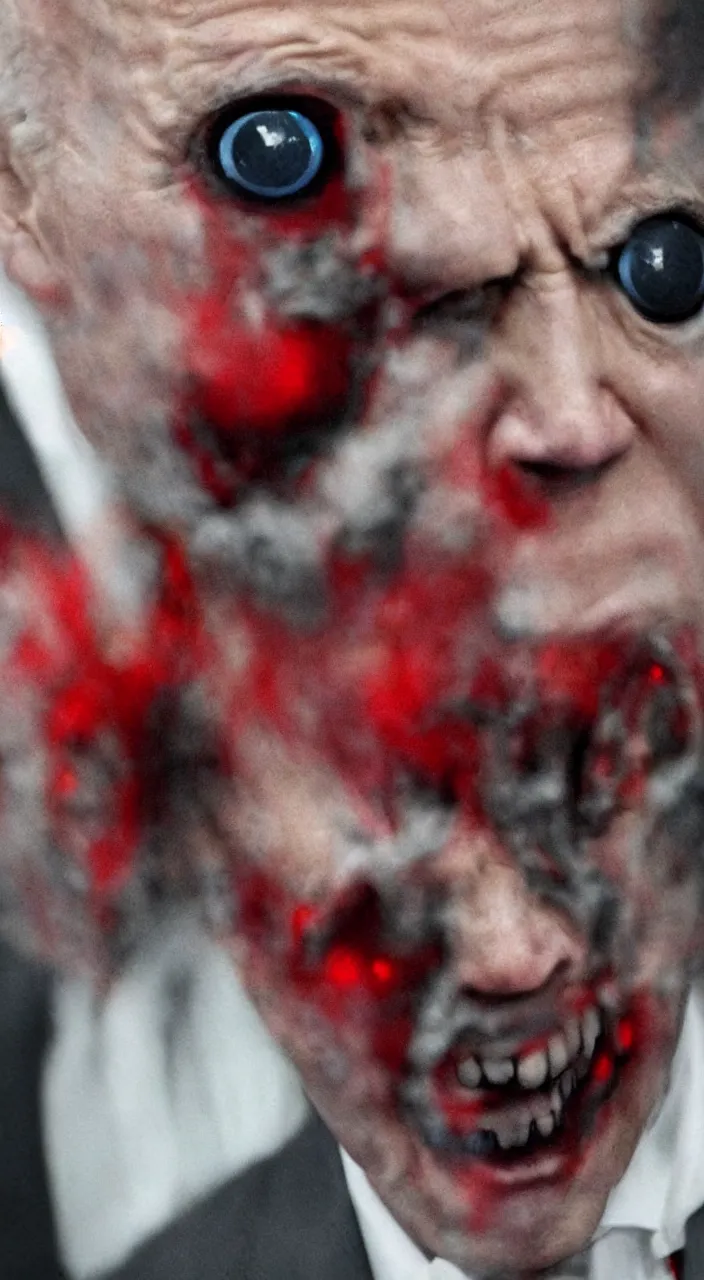 Image similar to hyper realistic terror photo Doom horror furious glowing red eyes biden