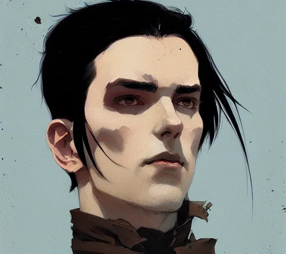 Prompt: portrait victorian man with black hair, by atey ghailan, by greg rutkowski, by greg tocchini, by james gilleard, by joe fenton, by kaethe butcher, by ashley wood, dynamic lighting, gradient light blue, brown, blonde cream and white color scheme, grunge aesthetic