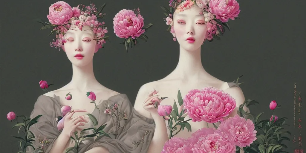 Image similar to breathtaking detailed concept art painting blend of pink short hair goddesses of peonies by hsiao - ron cheng with anxious piercing eyes, vintage illustration pattern with bizarre compositions blend of flowers and fruits and birds by beto val and john james audubon, exquisite detail, extremely moody lighting, 8 k