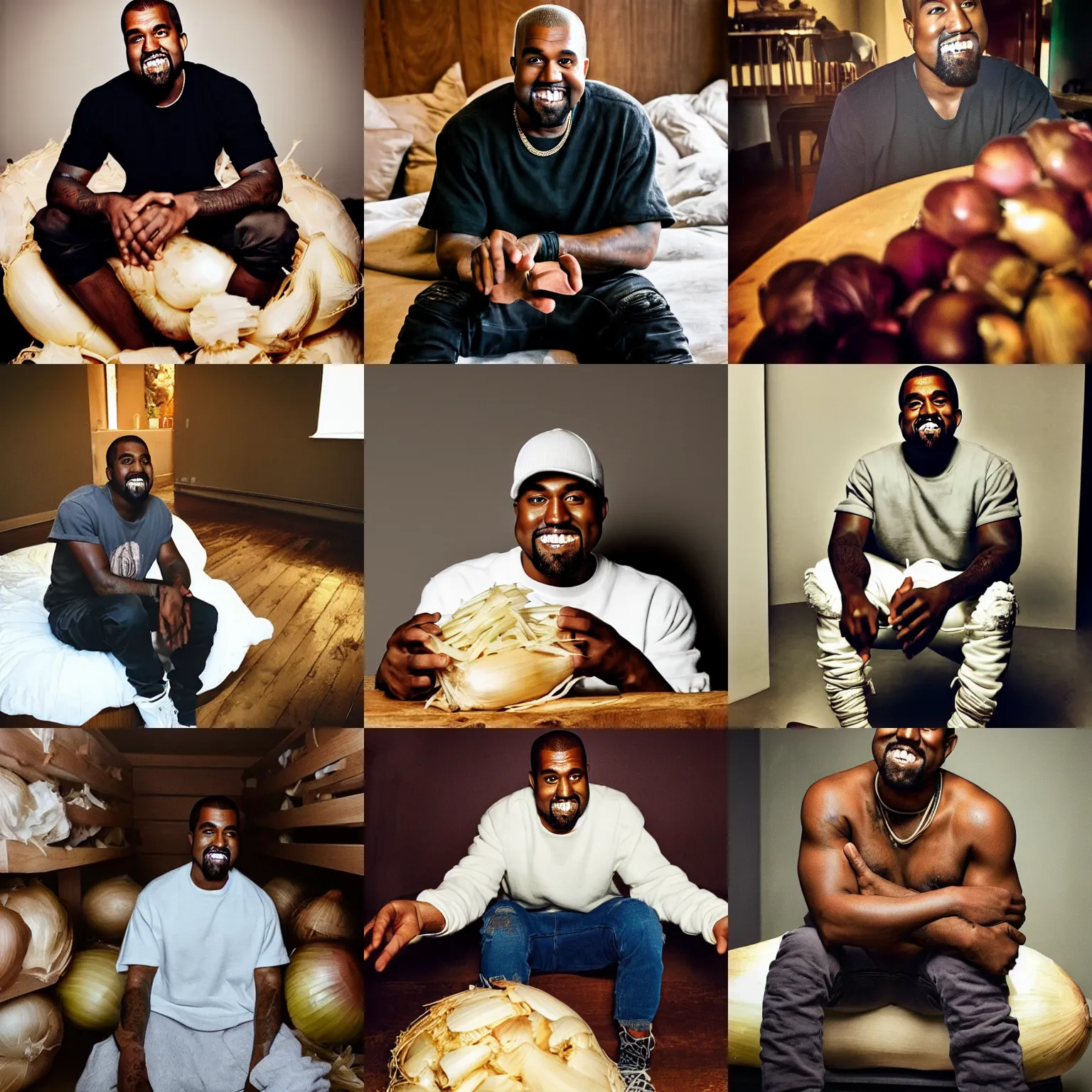 Prompt: Kanye West smiling as he sits on a big pile of onions in his bedroom, candid photography, photo taken with an iPhone camera