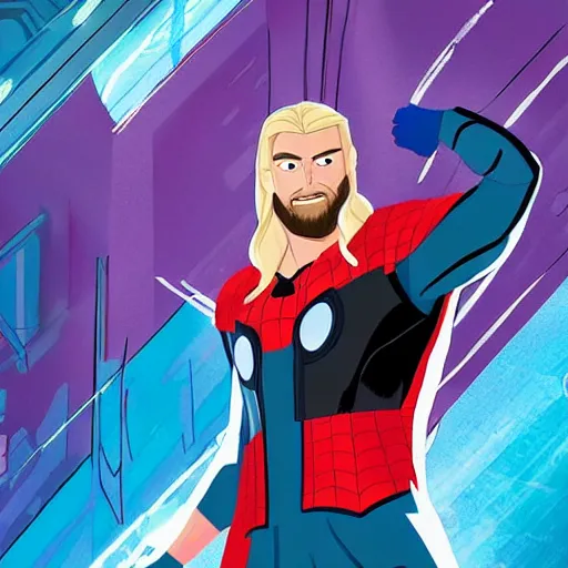 Prompt: Thor in Spider-Man: Into The Spider-Verse, cel shaded, comic book style, illustration, detailed