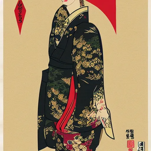 Prompt: cate blanchett in the style of japanese wood print