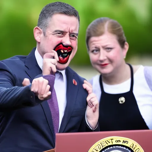 Prompt: a president with clown face taking a selfie in a podium next to an angry first minister