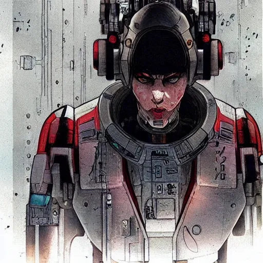 Prompt: Cyborg from Ghost in the shell by Enki Bilal, cyberpunk noir, impressive perspective, aesthetic, masterpiece