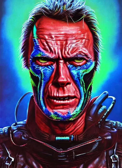 Prompt: clint eastwood as an apocalyptic scifi orcish biker character, psychedelic vibrant colors, futuristic punk rock fashion, oil painting by michael whelan art, perfect face, sharp focus, detailed eyes, realistic, 8 k