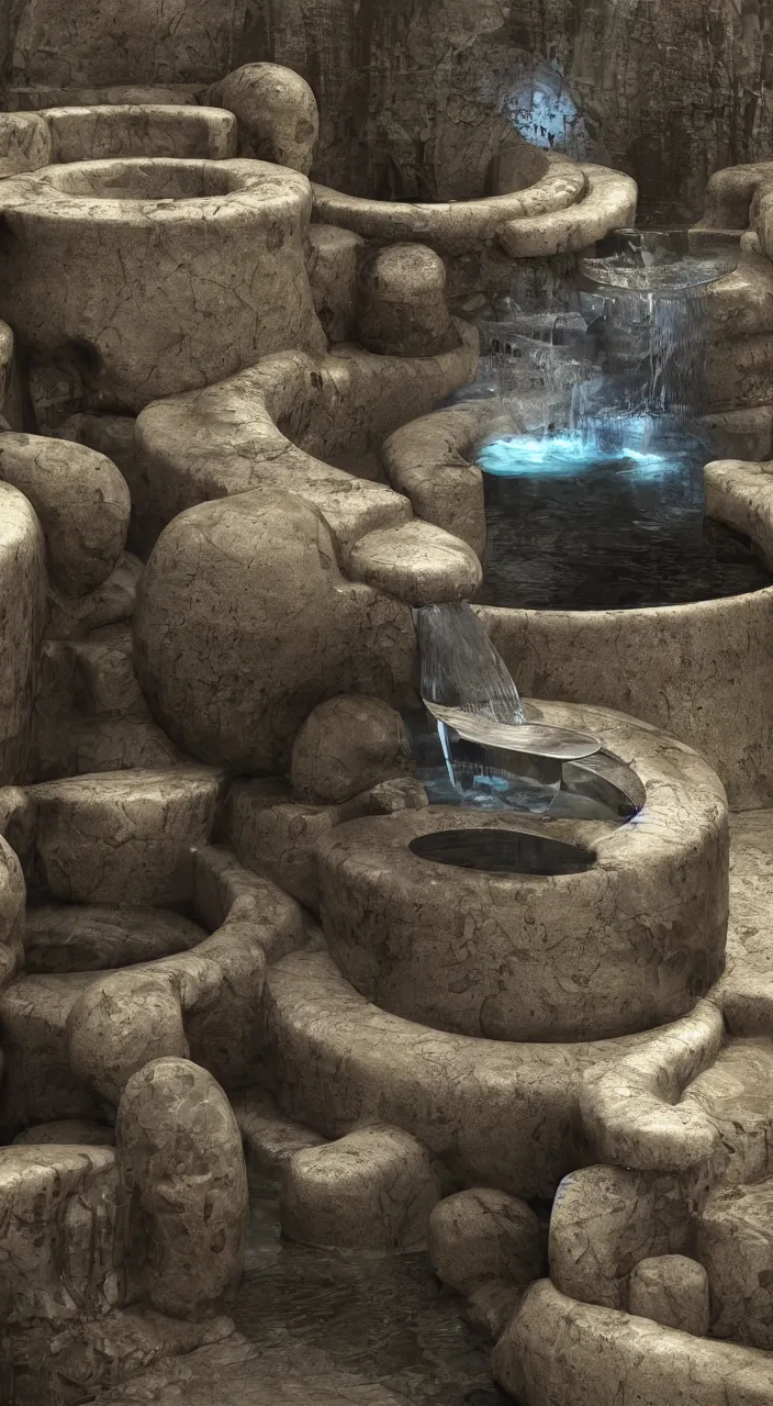 Prompt: a stream of water entering into a machine made from amphoras and producing a large coin, in the style of a futuristic fountain, architectural 3 d render, isometric, engineering, dynamic lighting, clay texture, 8 k