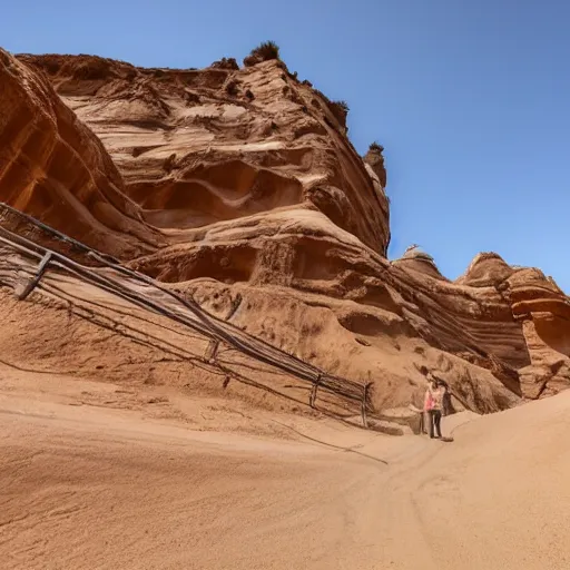 Image similar to a large, victorian mansion covered in sand in a canyon.