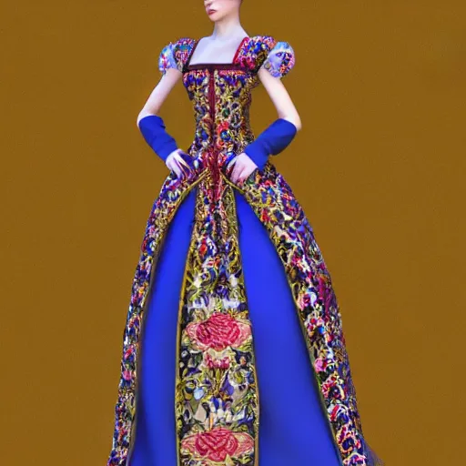 Prompt: ornate serbian traditional dress, fashion design, dress display, hyperrealistic, rendered 4 k, full view