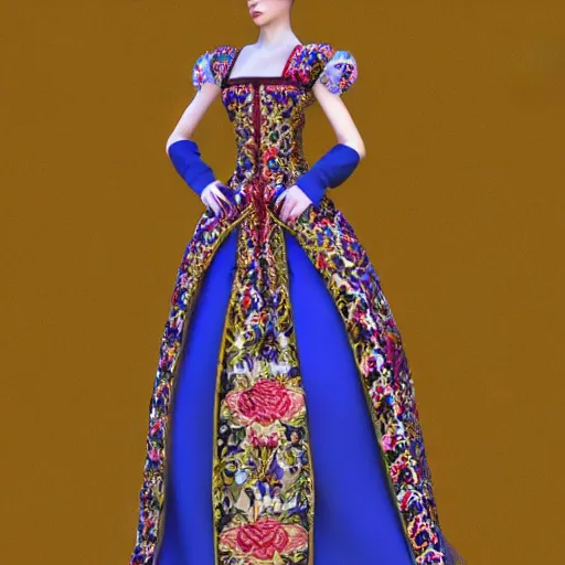 Image similar to ornate serbian traditional dress, fashion design, dress display, hyperrealistic, rendered 4 k, full view