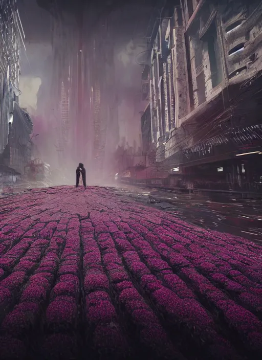 Prompt: A dystopian future in a city made up of the most incredible flowers ever seen, evil, demonic, angelic, flowers, nature, city, symmetry, environment concept, cinematic, Rendered in Octane, trending on artstation, cgsociety, moody lighting rendered by octane engine, environment 8K artstation, cinematic lighting, intricate details, 8k detail post processing, hyperealistic, octane render, photo realism, visually inspired by Blade Runner 2049