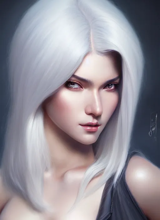 Image similar to a gorgeous female with longwhite hair in the style of stefan kostic, realistic, full body shot, wide angle, sharp focus, 8 k high definition, insanely detailed, intricate, elegant, art by stanley lau and artgerm, floating embers