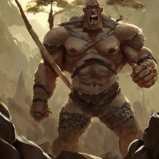 Prompt: extremely muscular ogre - like fierce warrior with tree - bark skin wearing stone and wood armor, determined expression, towering above a group of soldiers, battlefield, roleplaying game art, character design, by sargent, norman rockwell, makoto shinkai, kim jung giu, artstation trending