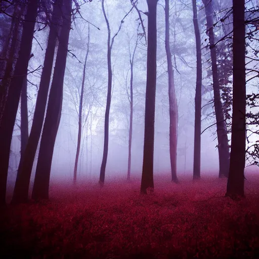 Prompt: nighttime forest with fog, little red hiding hood, scary, dark