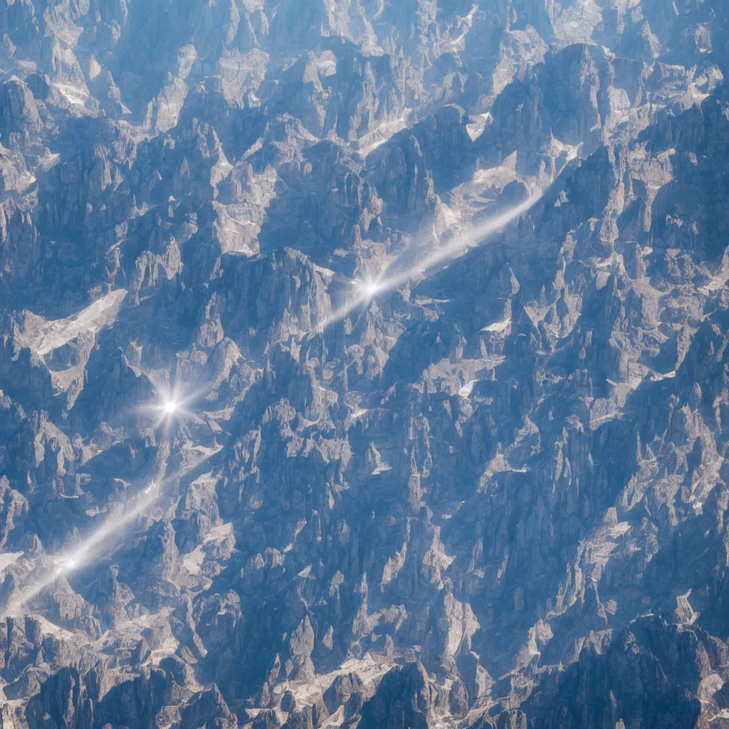 Image similar to sky parade of zeppelins flying over swirling dolomites, birds eye view, casting shadows, light rays