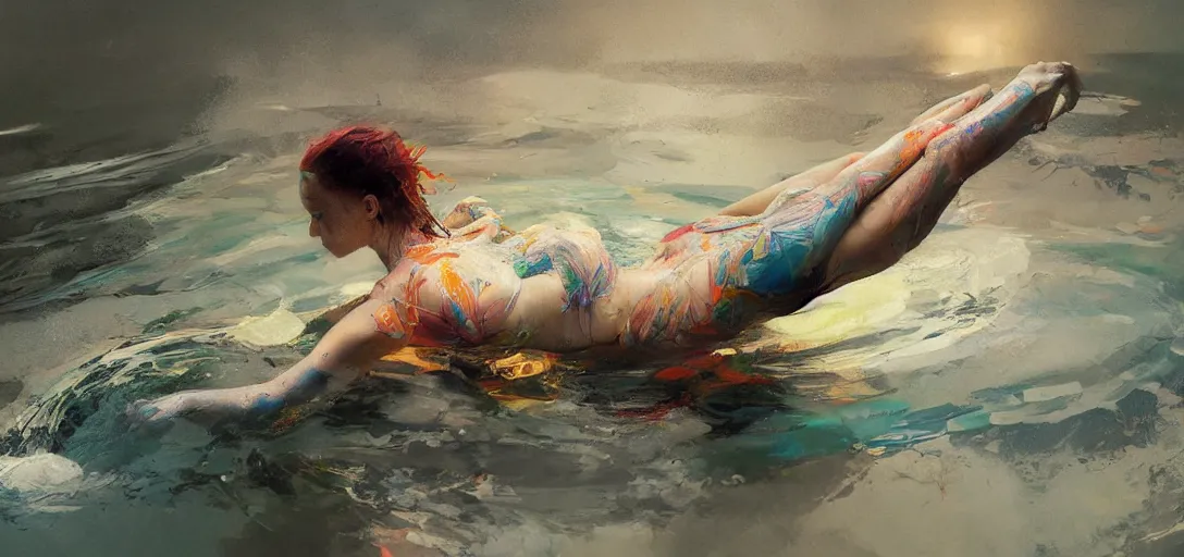 Image similar to a realistic hyperdetailed multi - colored digital oil full body portrait painting of a a beautiful woman floating on her back in the ocean, the style of guy denning, ruan jia, and craig mullins. trending on artstation and deviantart. cgsociety digital art.