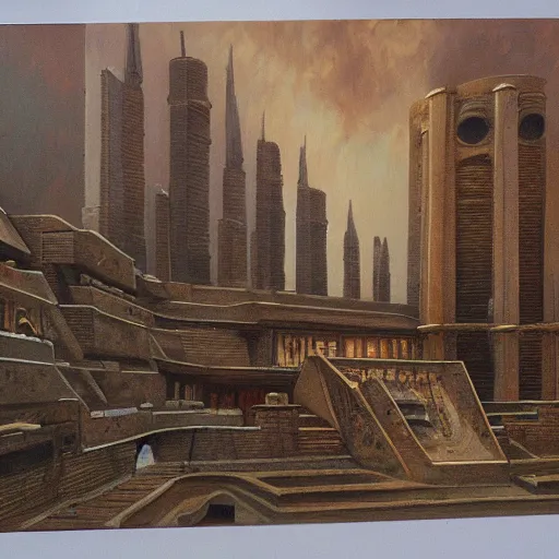 Image similar to painting of a scifi ancient civilzation victorian, brutalist architecture