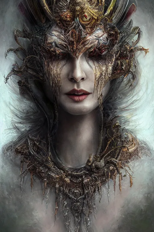 Image similar to single face portrait. very complex hyper-maximalist overdetailed cinematic darkfantasy portrait of an elegant very attractive but dangerous and wild queen dragon by andrei riabovitchev, tomasz alen kopera, oleksandra shchaslyva. Omnious intricate. Focus on face. Artstation. Deviantart. 8k 4k 64megapixel.