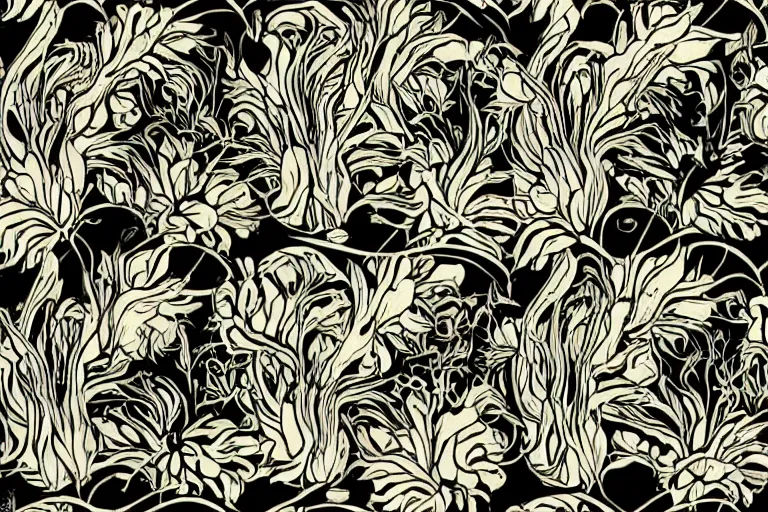 Image similar to elegant pattern of surreal, organisms, flowers isolated in a black background : : art nouveau, by rafał olbinski
