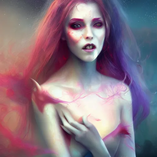 Prompt: Horrifying hyper realistic vampire in a beautiful lsd multiverse, Charlie Bowater matte painting, post-processing, fantasy , masterpiece , painting , vibrant colors