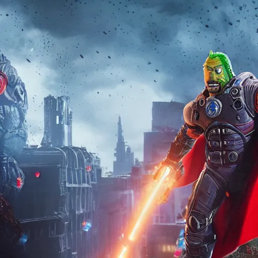 Image similar to pickle rick as superman! in gears of war, splash art, movie still, detailed face, photorealistic facial features, cinematic lighting, dramatic, octane render, long lens, shallow depth of field, bokeh, anamorphic lens flare, 8 k, hyper detailed, 3 5 mm film grain