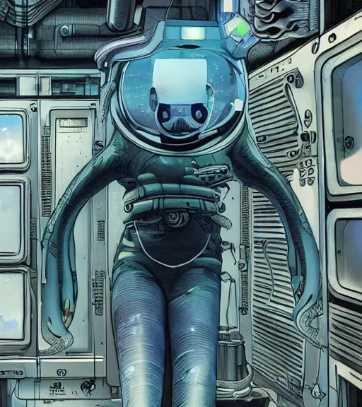 Image similar to a cybernetic realistic octopus in a space station, techwear, Industrial Scifi, detailed illustration, character portrait, by Martin Grip and Moebius