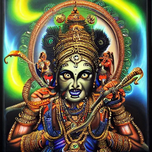Image similar to hindu gods, airbrush painting by hr giger, intricate detail, exquisite craftsmanship, colorful lighting,