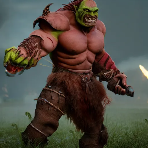 Prompt: beautiful redhead orc with warrior outfit, clash royal style characters, unreal engine 5, octane render, detailed, cinematografic, cinema 4 d