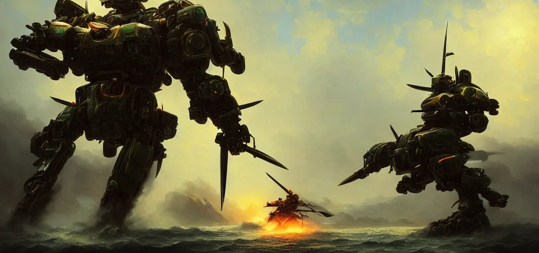 Image similar to 8 k art photography shot art shot, hyperrealistic, hyperdetailed, super detailed, uhd, uhd, 8 k, high resolution, large group of ancient samurai attack futuristic military mech, painting by ross tran and ivan aivazovsky