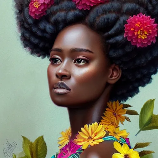 Image similar to ultra realistic illustration, beautiful swahili girl with flowers blossoming from her afro, wearing a kitenge, elegant, highly detailed, digital painting, concept art, smooth, sharp focus, illustration, art by artgerm and greg rutkowski 7 8 0