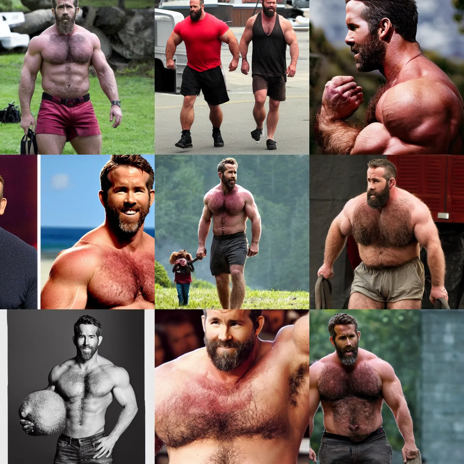 Prompt: ryan reynolds as a big burly padded hairy strongman