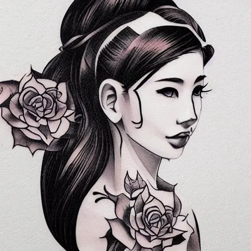 Prompt: tattoo design, stencil, cat girl, portrait of a beautiful japanese girls face framed by roses by artgerm, artgerm