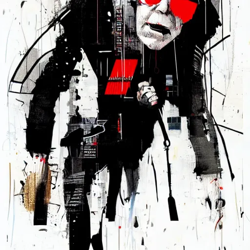 Image similar to Graphic Illustration, Creative Design, Joe Biden, techwear, Cyberpunk, Full Body Portrait, Character Design, by Ashley Wood, Jamie Hewlett, Ralph Steadman, Francis Bacon, Hunter S Thompson