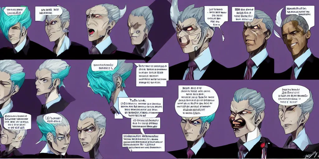 Prompt: Fusion of Barak Obama and Vergil from the game Devil May Cry in the style of Araki Hirohiko, Jojo\'s Bizarre Adventure, character design sheet