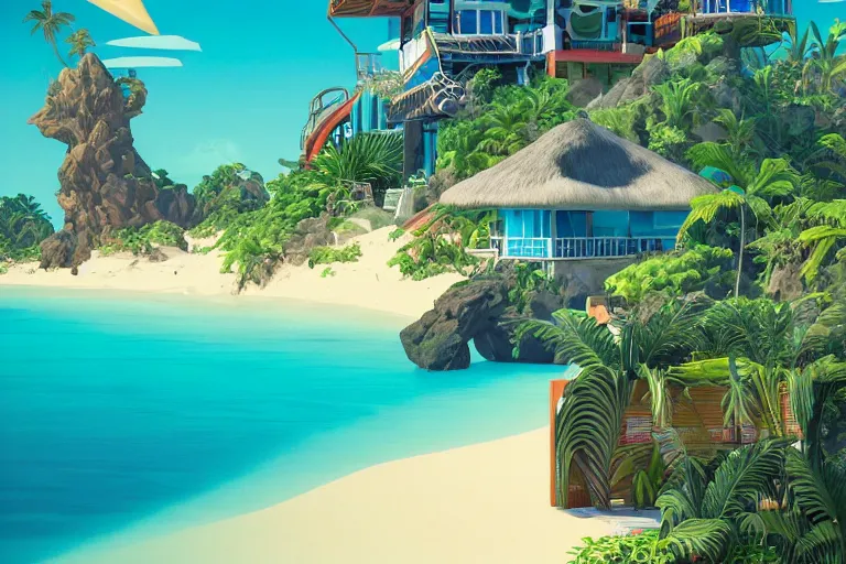 Image similar to a tropical beach cottage by paolo eleuteri serpieri and tomer hanuka and chesley bonestell and daniel merriam and tomokazu matsuyama, clearly defined outlines, unreal engine, high resolution render, featured on artstation, octane, 8 k, highly intricate details, vivid colors