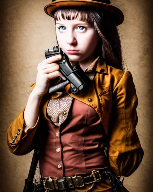 Prompt: Young girl in steampunk clothes, she wears boots and holds a gun, full body shot, sharp focus, photography, very detailed, dark hair, by nikon, by Iphone, 4k